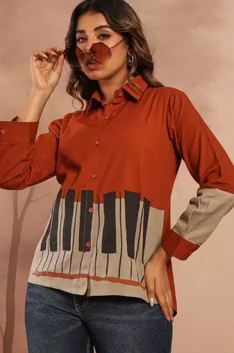 Rust Regular tops Graphic Print Shirt Collar, long