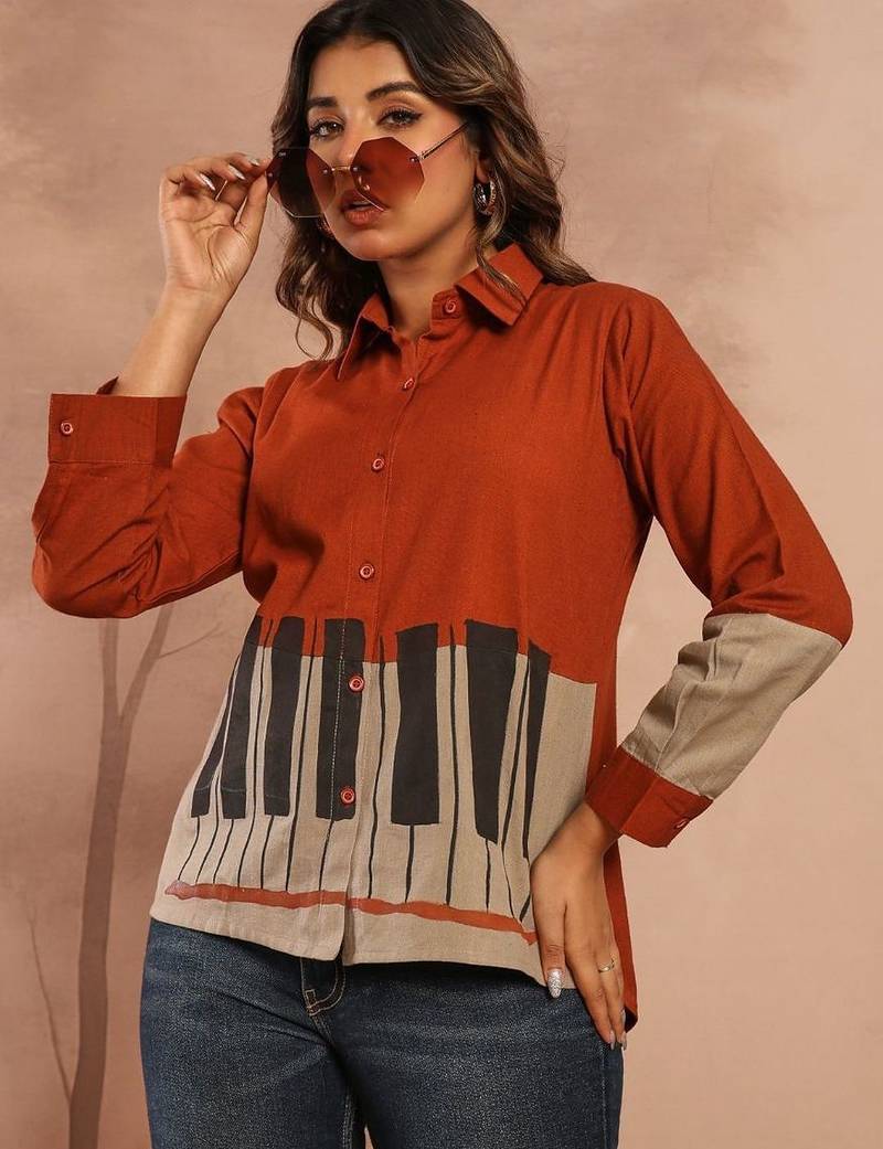 Rust Regular tops Graphic Print Shirt Collar, long