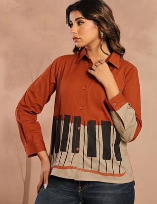 Rust Regular tops Graphic Print Shirt Collar, long 5