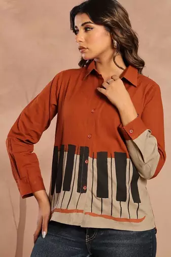 Rust Regular tops Graphic Print Shirt Collar, long