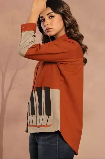 Rust Regular tops Graphic Print Shirt Collar, long
