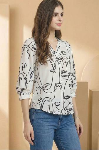 White Regular tops Ethnic Motifs Print Round Neck