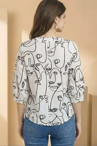 White Regular tops Ethnic Motifs Print Round Neck