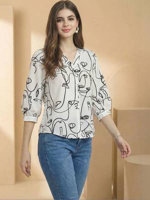 White Regular tops Ethnic Motifs Print Round Neck 3