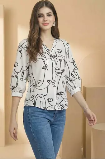 White Regular tops Ethnic Motifs Print Round Neck