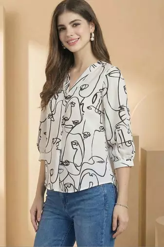 White Regular tops Ethnic Motifs Print Round Neck