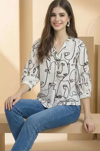 White Regular tops Ethnic Motifs Print Round Neck