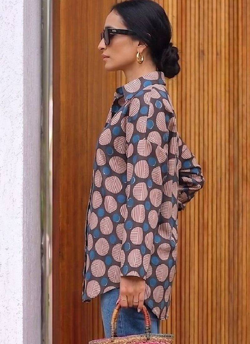Geometric Print Cotton Shirt Style Top