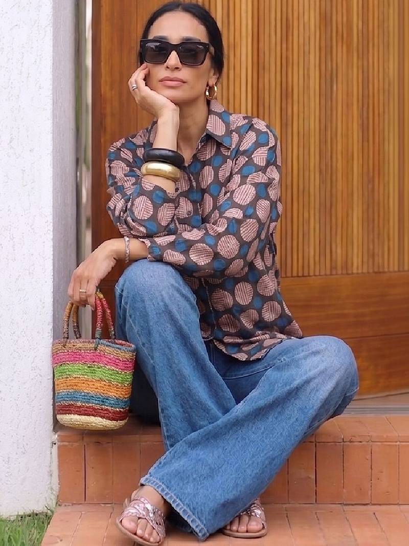 Geometric Print Cotton Shirt Style Top