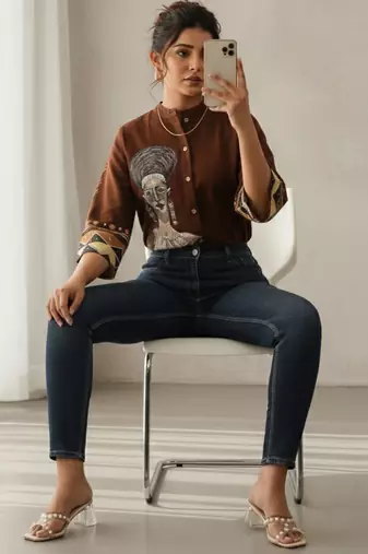 Print Mandarin Collar Ethnic Top