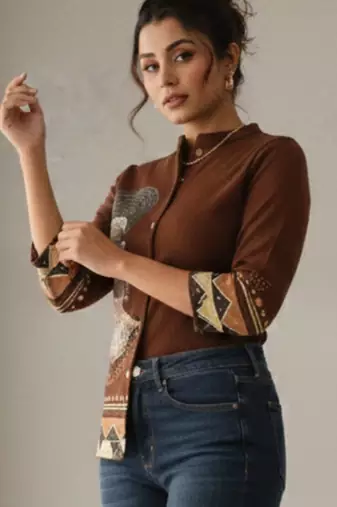 Print Mandarin Collar Ethnic Top