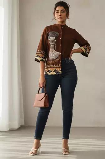 Print Mandarin Collar Ethnic Top