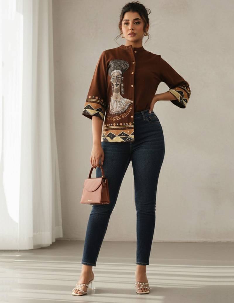 Print Mandarin Collar Ethnic Top