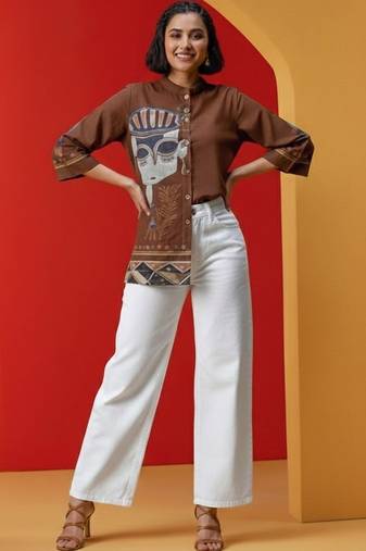 Print Mandarin Collar Top