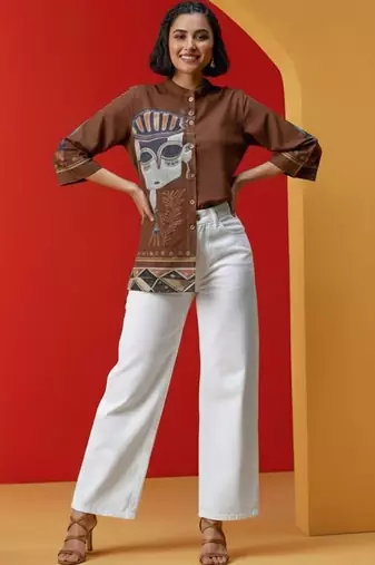Print Mandarin Collar Top
