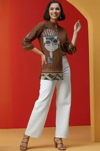 Print Mandarin Collar Top