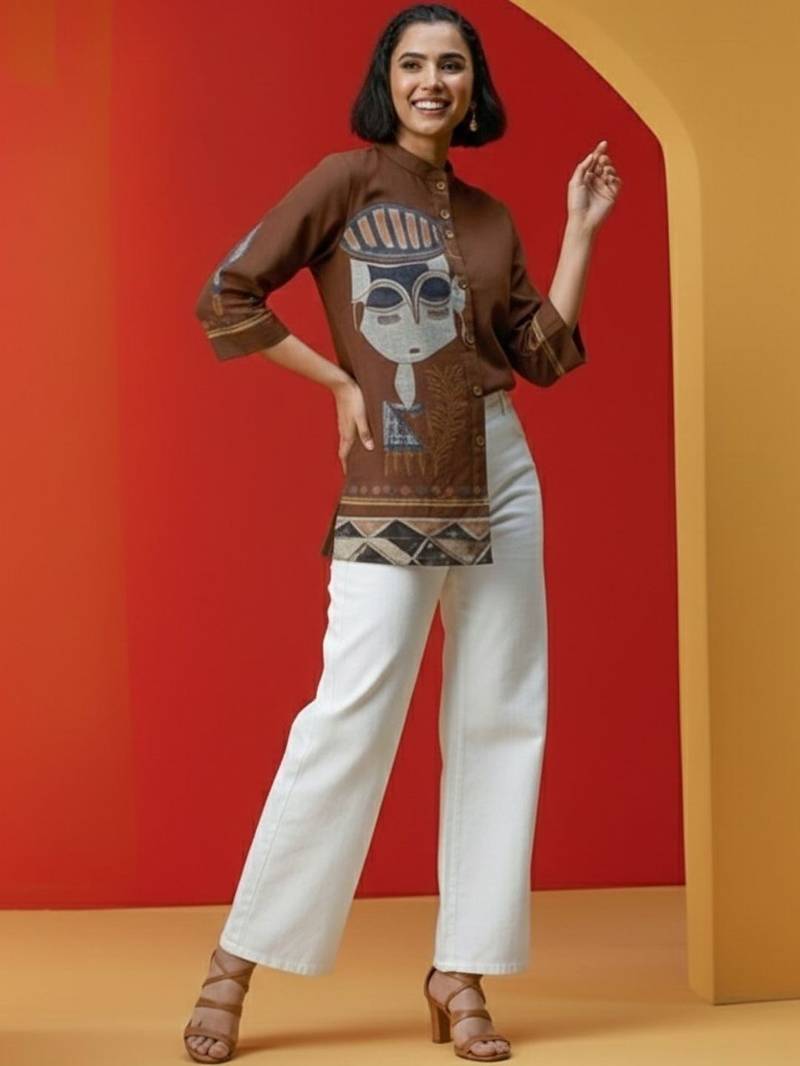 Print Mandarin Collar Top
