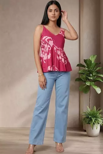 Floral Print Cotton Peplum Top