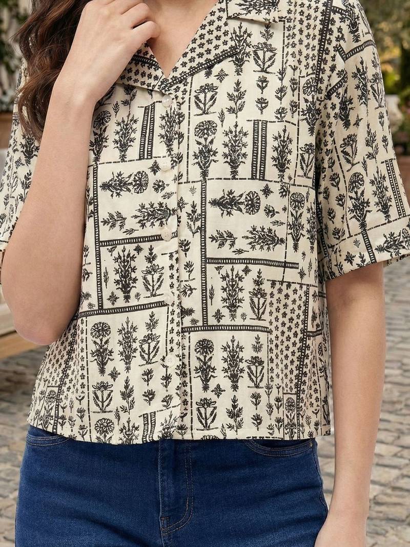 Floral Print Tropical Satin Shirt Style Top