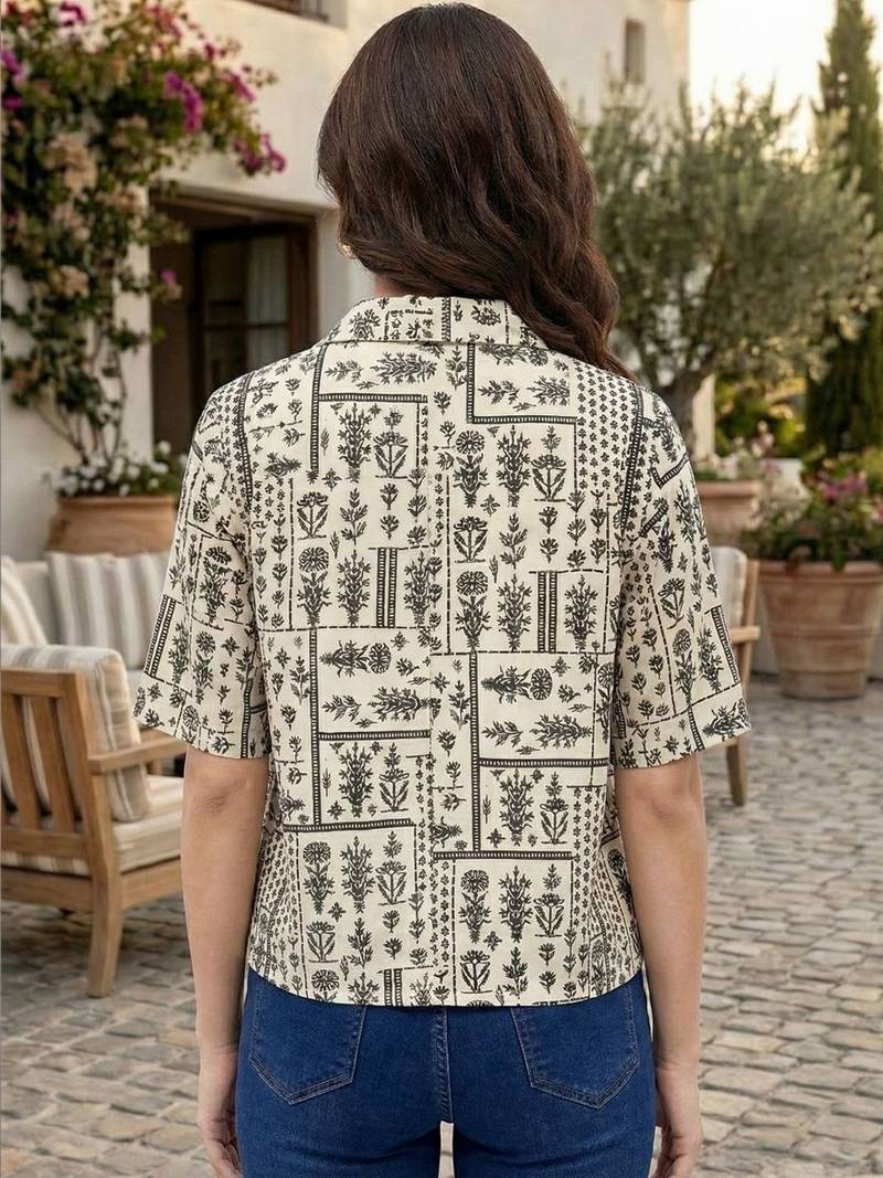 Floral Print Tropical Satin Shirt Style Top