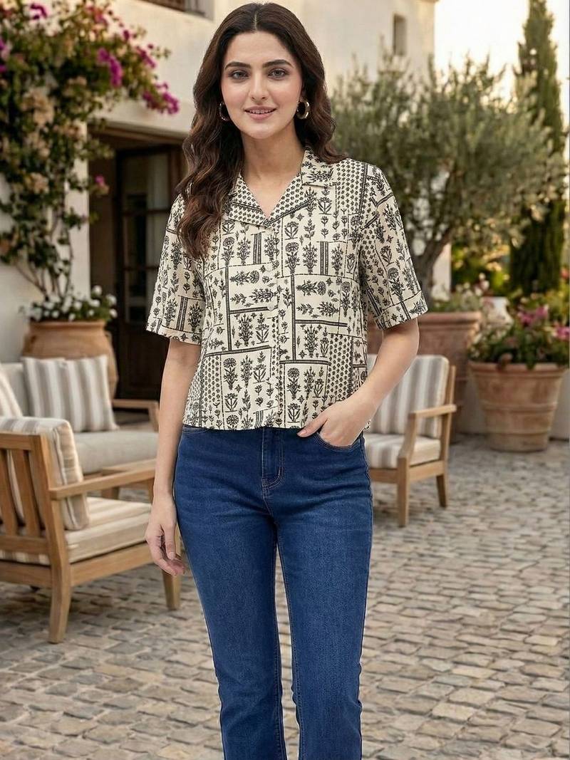 Floral Print Tropical Satin Shirt Style Top