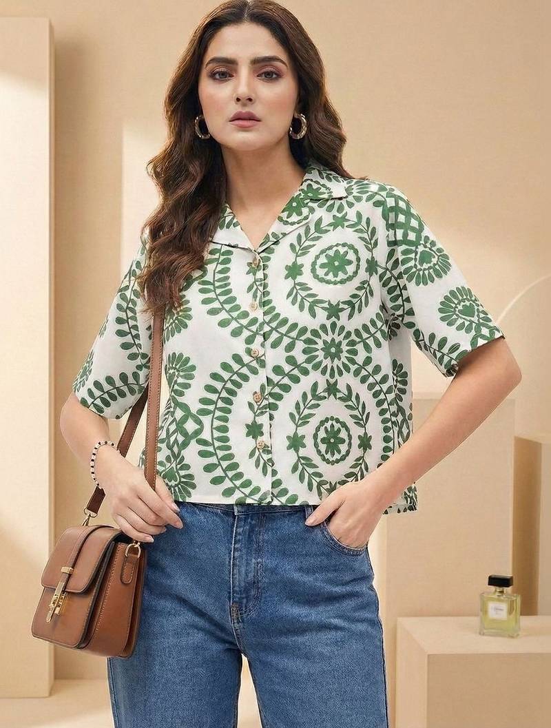 Floral Print Tropical Satin Shirt Style Top