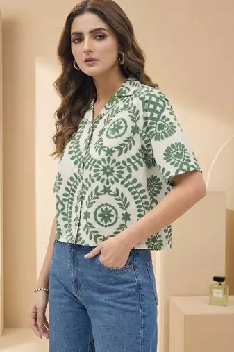 Floral Print Tropical Satin Shirt Style Top