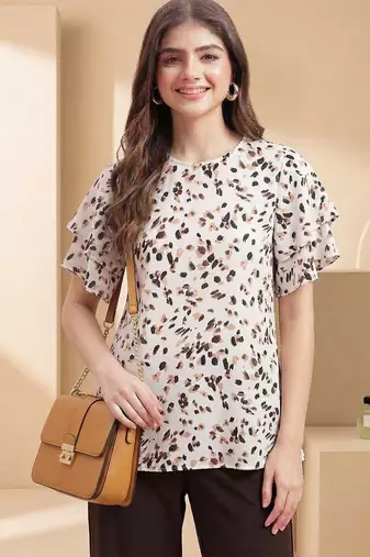 Print Flared Sleeve Satin Blend Top