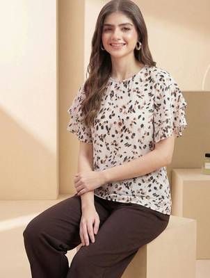 Print Flared Sleeve Satin Blend Top 3