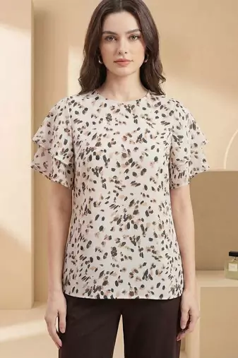 Print Flared Sleeve Satin Blend Top