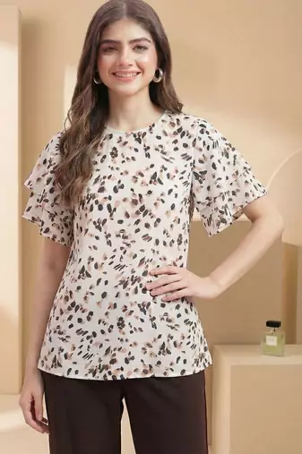 Print Flared Sleeve Satin Blend Top