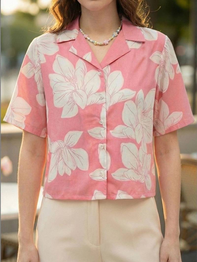 Floral Print Satin Shirt Style Top