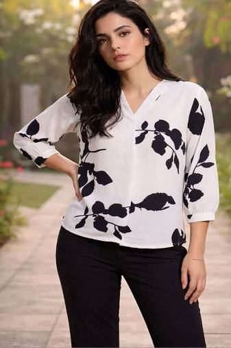 Floral Print Mandarin Collar Puff Sleeve Top