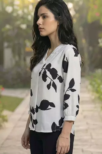 Floral Print Mandarin Collar Puff Sleeve Top