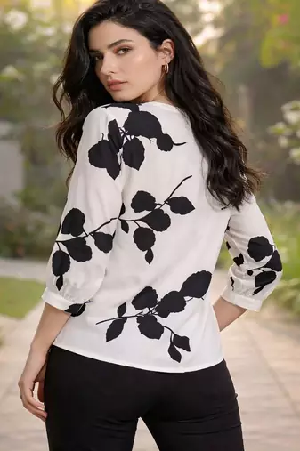 Floral Print Mandarin Collar Puff Sleeve Top