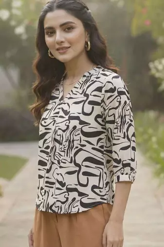 Print Bishop Sleeves Satin Blend Top