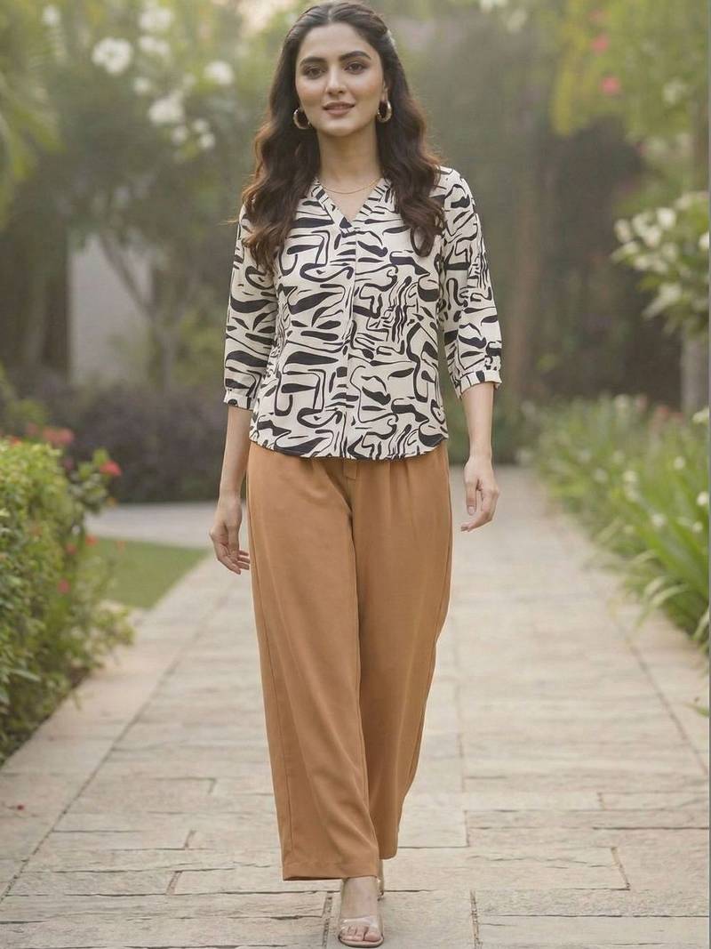 Print Bishop Sleeves Satin Blend Top