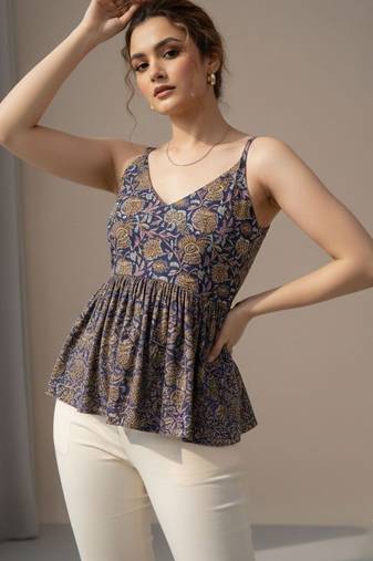 Floral Print Cotton Peplum Top