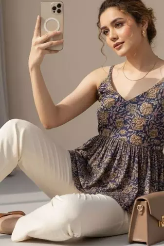 Floral Print Cotton Peplum Top