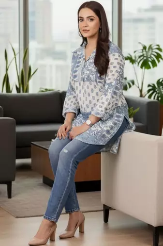 Print Ethnic Cotton Blend Top