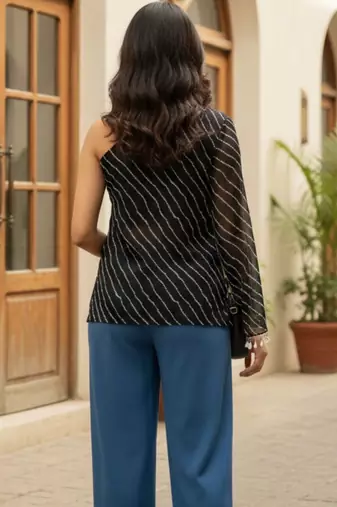 Striped One Shoulder Coated Top
