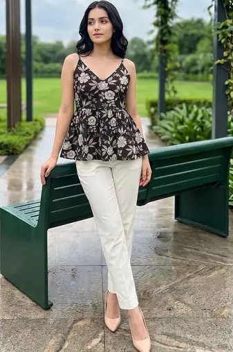 Floral Print Cotton Peplum Top