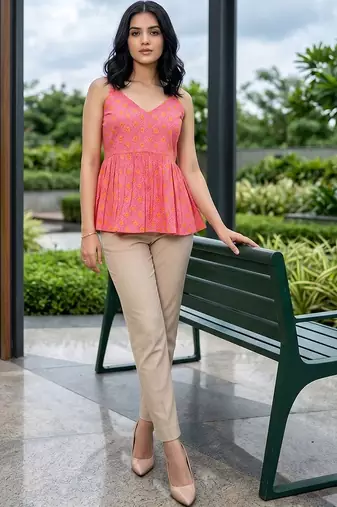 Geometric Print Cotton Peplum Top