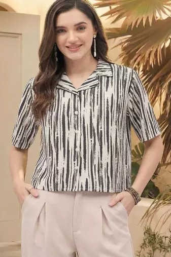 Print Monochrome Satin Shirt Style Top