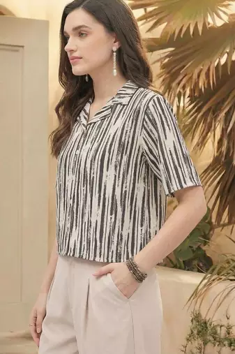 Print Monochrome Satin Shirt Style Top