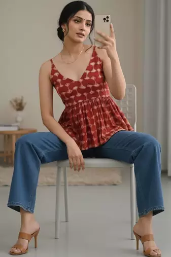 Print Ethnic Cotton Peplum Top