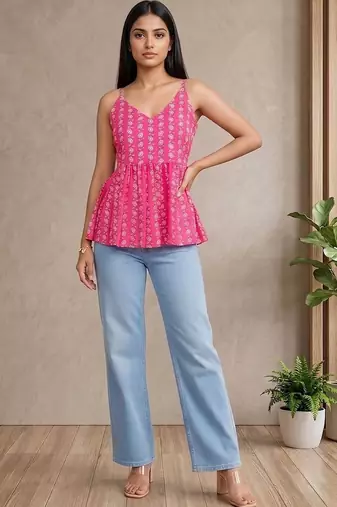 Floral Print Cotton Peplum Top