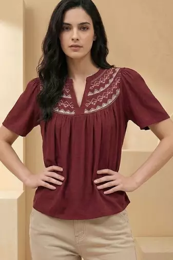Mandarin Collar Flared Sleeve Top