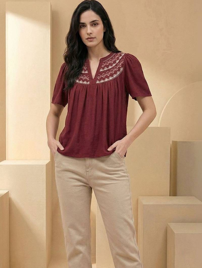 Mandarin Collar Flared Sleeve Top
