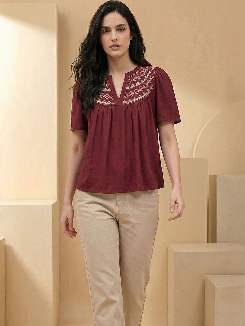 Mandarin Collar Flared Sleeve Top